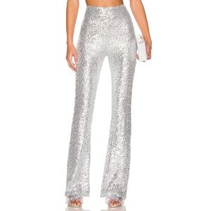 NEW $216 ONLY HEARST Silver Sequins High Waist Flare Bottom Pants SZIE XS